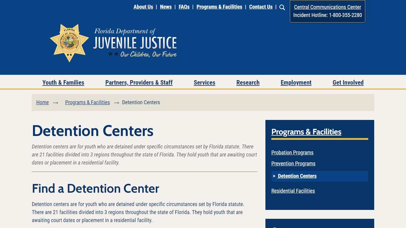 Detention Centers | Florida Department of Juvenile Justice